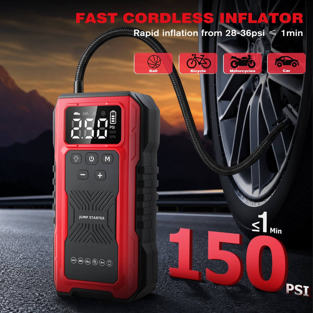 1200A Peak Car Battery Jump Starter with Tire Inflator, Portable 4?in?1 Jump Starter with USB Output & 150 PSI Air Compressor, 12V Jump Pack with Full?Screen LED Display and SOS Emergency Light, Red