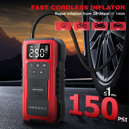 1200A Peak Car Battery Jump Starter with Tire Inflator, Portable 4?in?1 Jump Starter with USB Output & 150 PSI Air Compressor, 12V Jump Pack with Full?Screen LED Display and SOS Emergency Light, Red