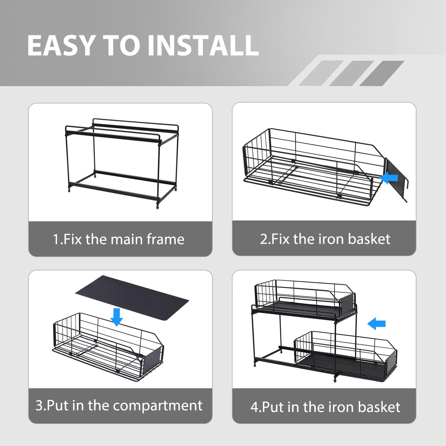 Sliding Cabinet Basket Organizer, Bathroom Organizer Under Sink Shelf, Under Kitchen Cabinet Organizer, 2 Tier Multi-purpose Under Sink Storage Rack, Black
