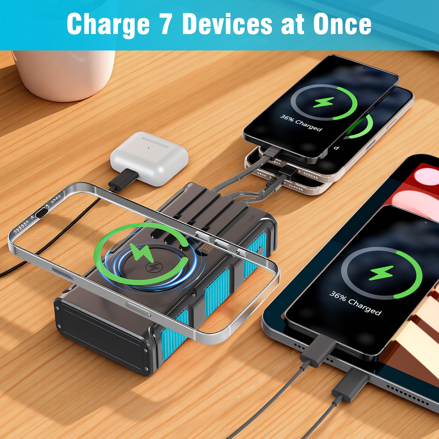 Power Bank Wireless Charger 68800mAh Built in Hand Crank and 4 Cables 15W Fast Charging Power Bank 7 Outputs & 4 Inputs Solar Portable Charger, Sos/Strobe/Strong Flashlights, Compass(Blue)
