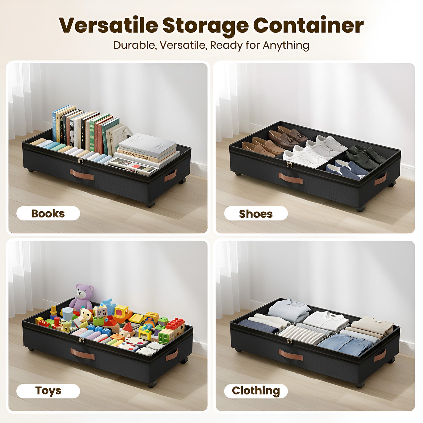 Under Bed Storage with Wheels 2-Pack, 65L XXL Under the Bed Storage Containers Large, 12" Tall Adjustable Storage for Underbed with Lids, Rolling for Shoes, Clothes, Blankets (Black)