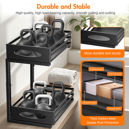 CATGOOD Under Sink Organizer, Multifunctional Pull-Out Under Sink Storage, 2-Tier Under Kitchen Sink Organizer, Waterproof Metal Storage Rack with Sliding Drawer for Kitchen and Bathroom, Black