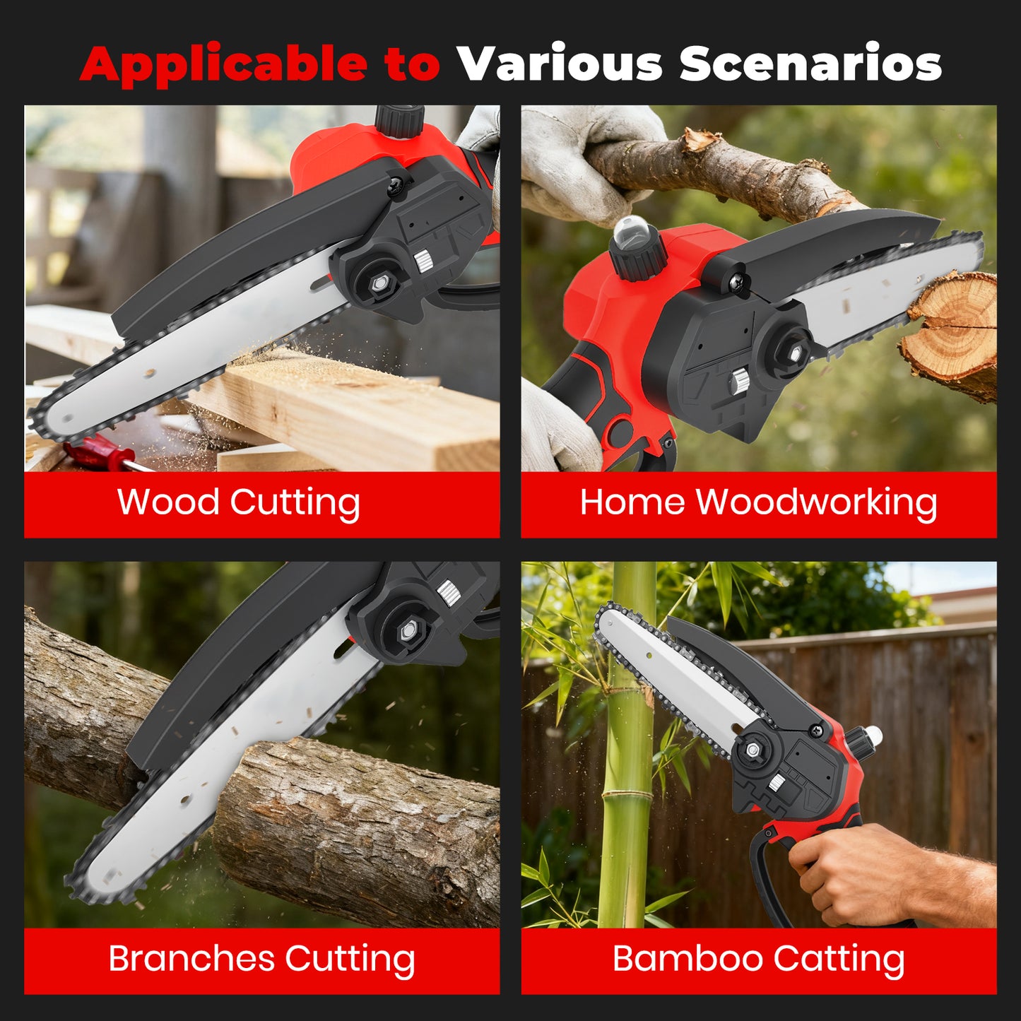 Mini Chainsaw Cordless, 6 inch & 4 inch Portable Electric Chainsaw with 2 Rechargeable Batteries and 3 Chains, for Tree Trimming Wood Cutting, Best Gifts for Father, Dad, Husband, Men, Red