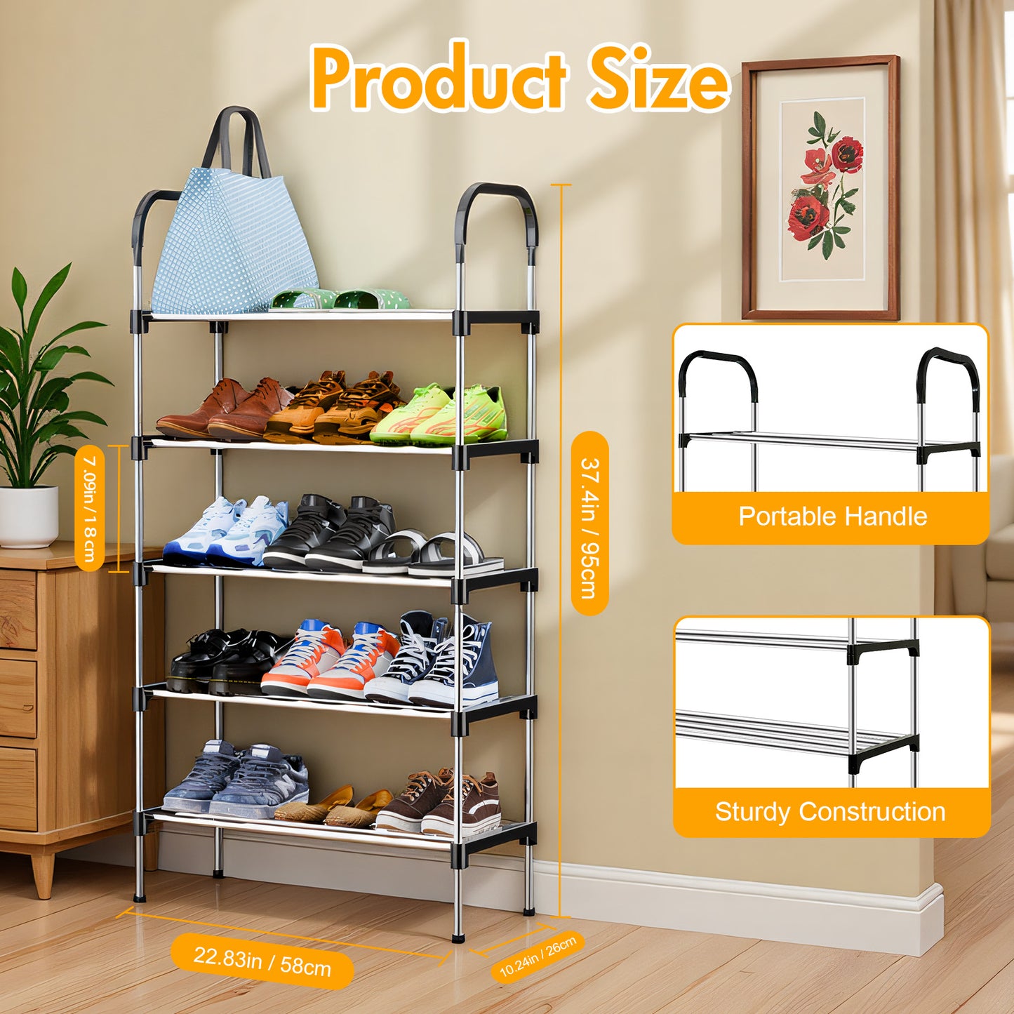 5-Tier Shoe Storage Organizer, Multifunctional Metal Shoe Rack for Entryway, Easy-to-Assemble, Silver and Black