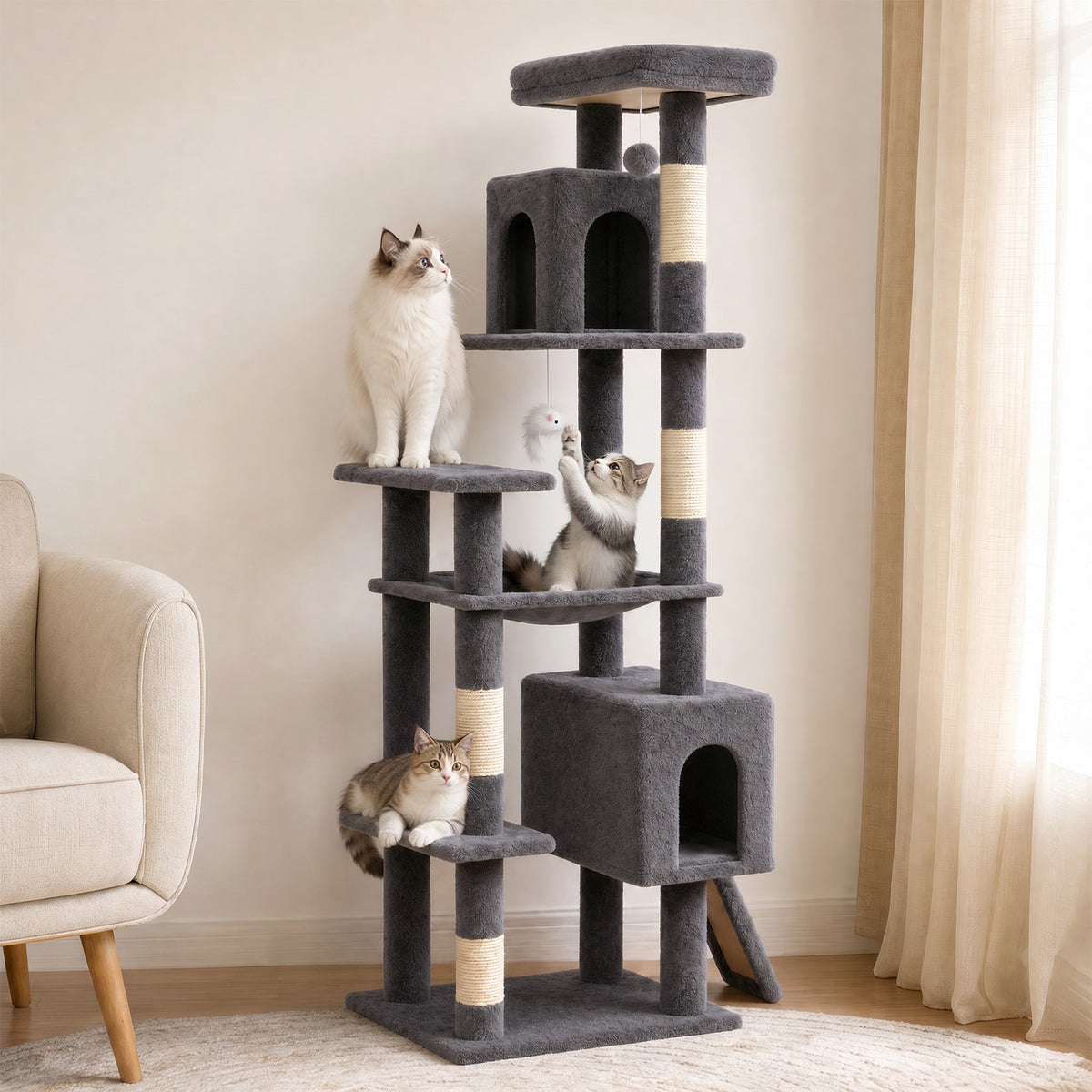 70" Cat Tree Tower, Heavy Duty Cat Tower for Multiple Adult Cats, Multi-Level Tall Cat Tree with 2 Condos, Hammock and Scratching Post for Indoor Kitties, Dark Grey