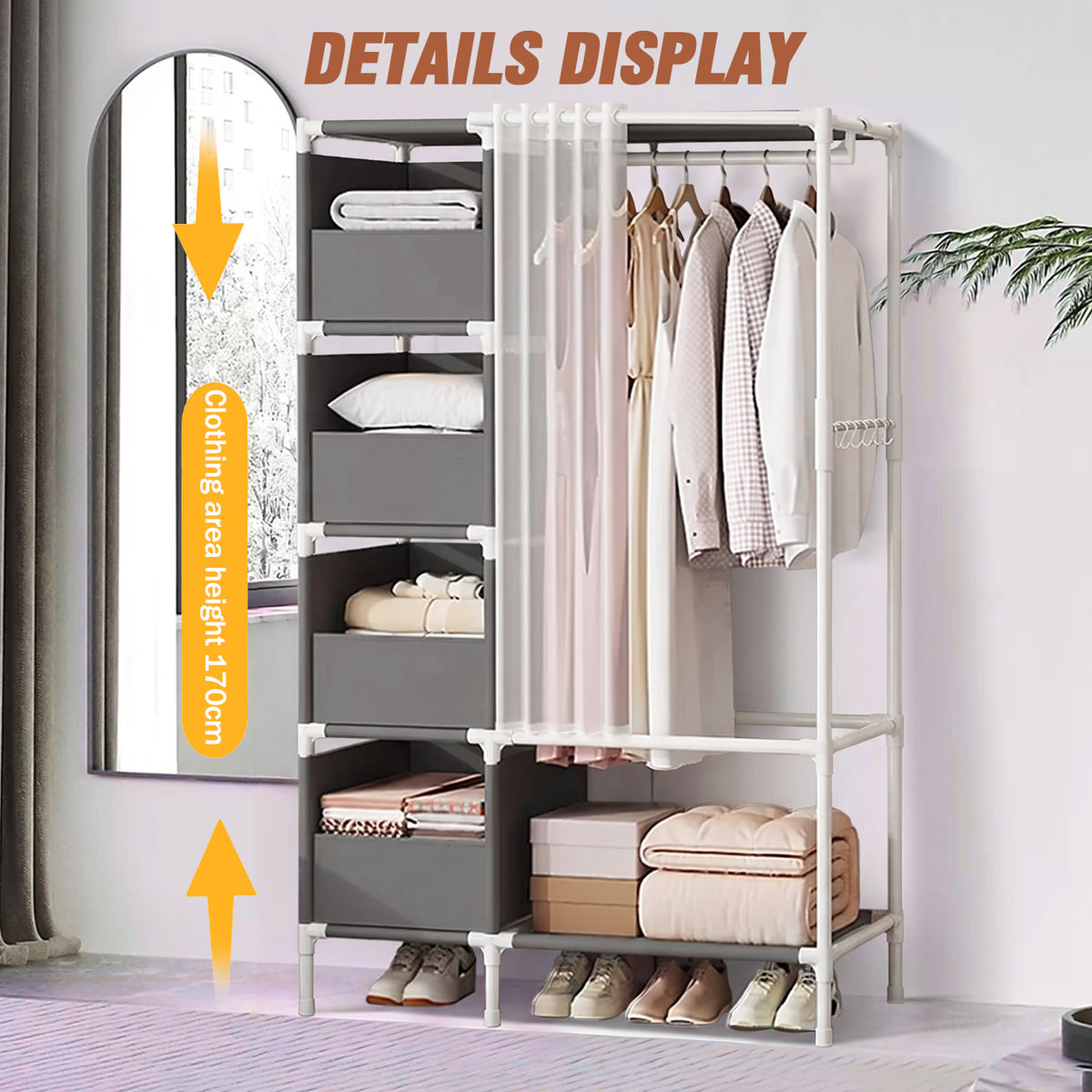 Clothes Rack, Portable Closet, Freestanding Closet Organizer with Curtain, 4 Tier Garment Rack for Bed Room, Gray