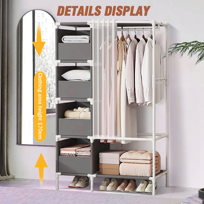Clothes Rack, Portable Closet, Freestanding Closet Organizer with Curtain, 4 Tier Garment Rack for Bed Room, Gray