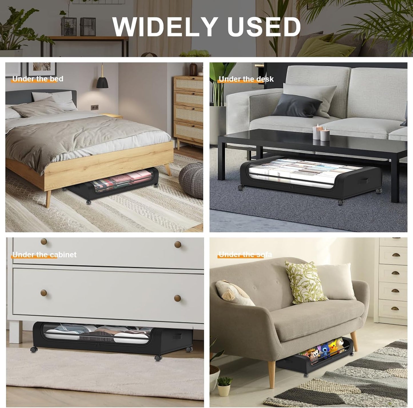 Under Bed Storage with Wheels, 2 Pack Under Bed Storage Containers, Under Bed Shoe Storage Organizer, Rolling Under Bed Metal Drawer for Clothes, Black