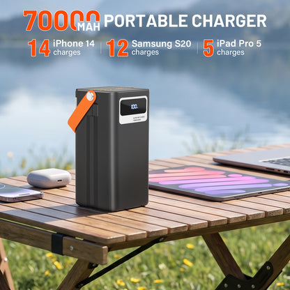 70000mAh Solar Power Bank, 22.5W Fast Charging Power Bank with Dual Built-in Cables, Solar Phone Charger & Solar Battery Charger, 7-Output 3-Input LCD SOS Light for Outdoor Camping (Black)
