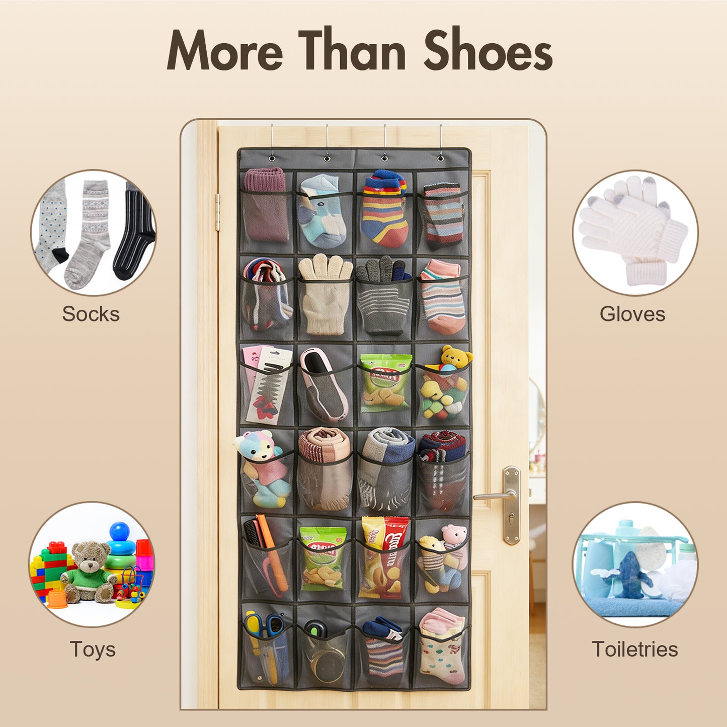 Over The Door Hanging Shoe Organizer, 24 Large Breathable Mesh Pockets, 2 Pack Hanging Shoe Storage Organizer, Gray