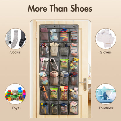 Over The Door Hanging Shoe Organizer, 24 Large Breathable Mesh Pockets, 2 Pack Hanging Shoe Storage Organizer, Gray