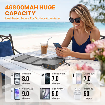 Solar Power Bank 46800mAh, PD15W Fast Charging Solar Charger with 4 Built-in Cables & Wireless Charging, Portable Solar Charger for Cell Phone, Solar Battery Pack for Camping (Orange)