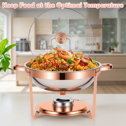 Chafing Dishes Buffet Set, 1 Pack 5.3QT Round Stainless Steel Chafer Set with Stands, Lids & Fuel Holders, Food Warmers for Parties, Catering Events, Weddings (Bright Pink Rose Gold Accents)