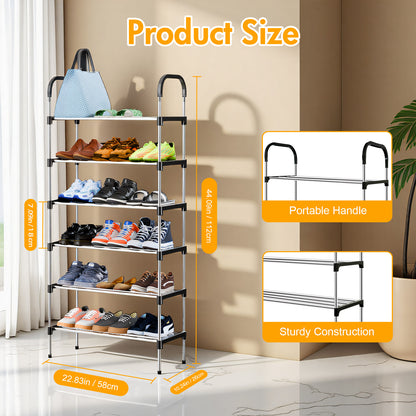 6-Tier Metal Shoe Rack Organizer for Entryway, Multifunctional Shoe Storage Shelf for Hallways, Bedrooms, Bathrooms, Offices, and Living Rooms, Silver and Black