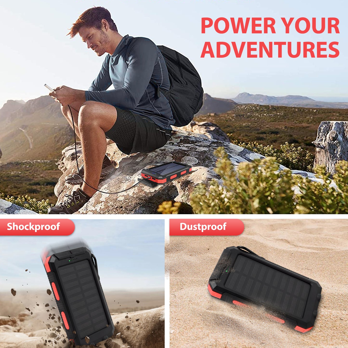 BAOKALER 30000mAh Solar Charger for Cell Phone iPhone, Portable Solar Power Bank with Dual 5V USB Ports, 2 Led Light Flashlight, Compass Battery Pack for Outdoor Camping Hiking(Red)
