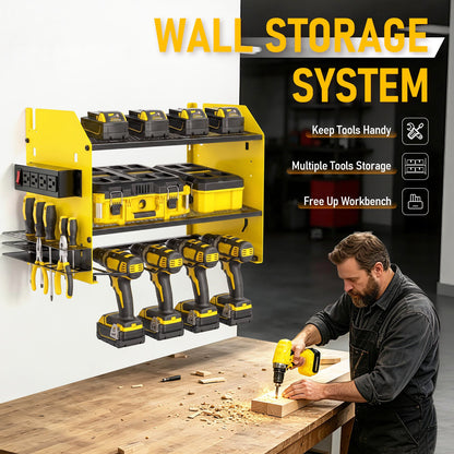 CATGOOD Power Tool Organizer Wall Mount with Charging Station, Tool Storage Shelf Loads 200 lbs Capacity 4 Outlets Storage Rack Holds 4 Drills for Garage Storage(Yellow)