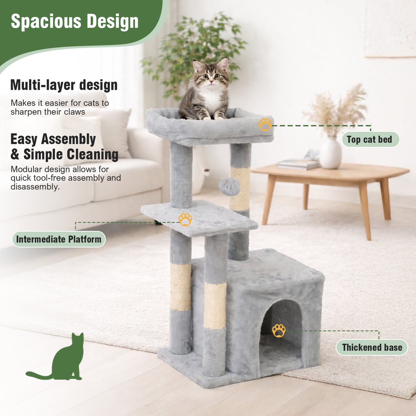 Cat Tree, Multi-Level Cat Tree Tower, Indoor Activity Center with Sisal Scratching Posts, Condos, Plush Perches, Hanging Cat Toys, Gray
