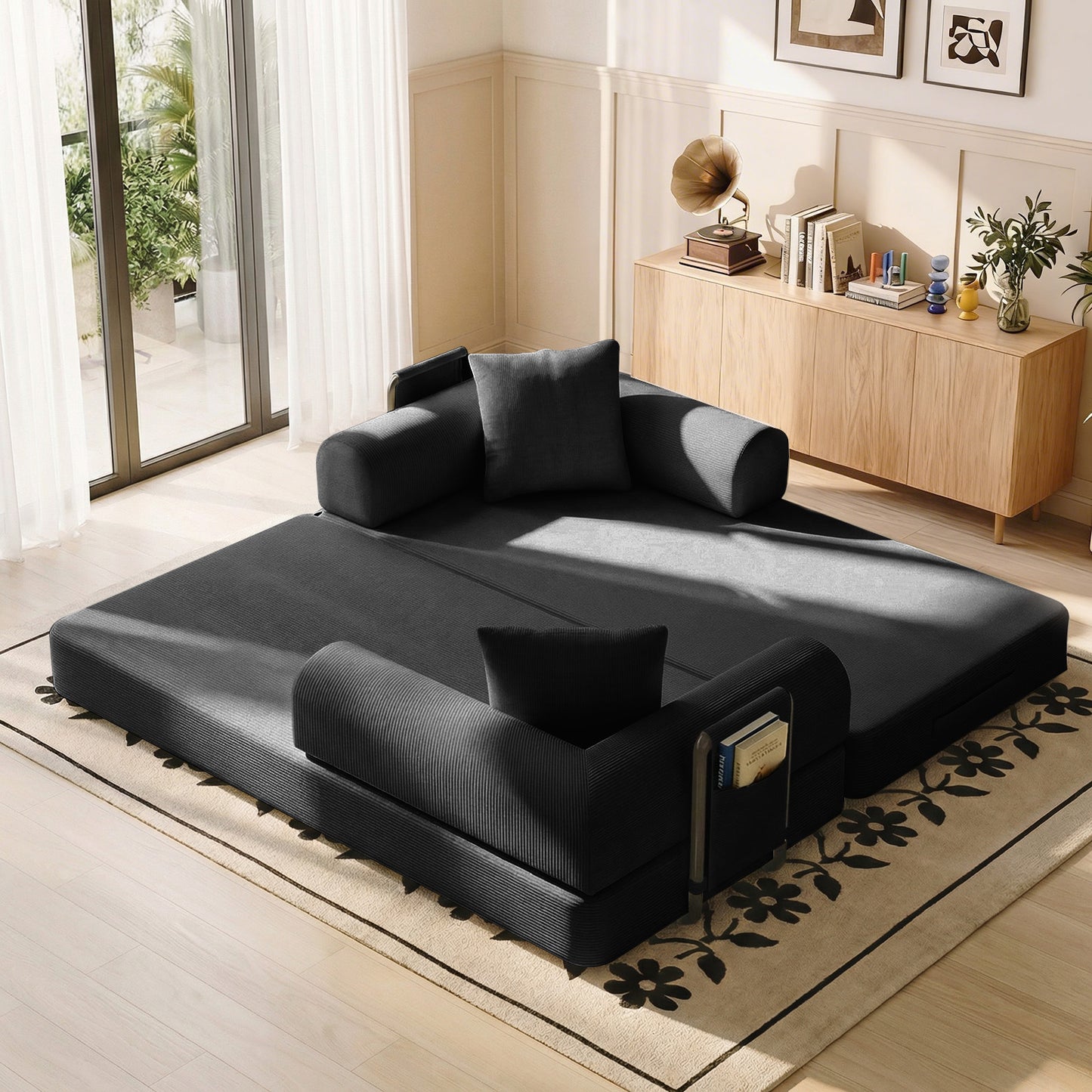 CATGOOD Sectional Couch for Living Room, Convertible Sofa Bed with Soft Corduroy, 78 Inch Modular Futon Couch Free Assembly, Black