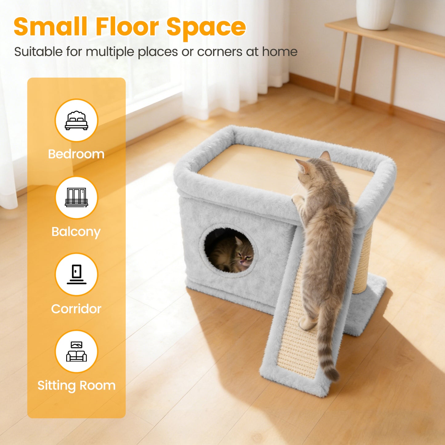 Cat Tree Tower with Perch Bed and Washable Top, Cat Tree with Sisal Scratching Posts, Condos, Plush Perches, Hanging Cat Toys, Extended Platform for Cats to Play and Sleep, Gray