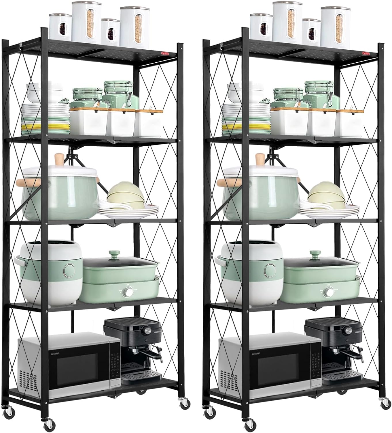 5-Tier 2 Pack Foldable Storage Shelf with Wheels, Heavy Duty Metal Shelf, Kitchen Shelving Units, 27.9"x13.4"x62.5", Black