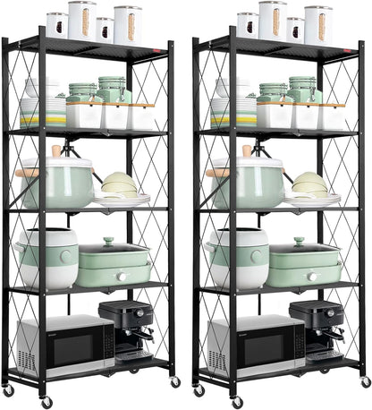 5-Tier 2 Pack Foldable Storage Shelf with Wheels, Heavy Duty Metal Shelf, Kitchen Shelving Units, 27.9"x13.4"x62.5", Black