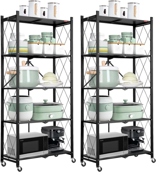 5-Tier 2 Pack Foldable Storage Shelf with Wheels, Heavy Duty Metal Shelf, Kitchen Shelving Units, 27.9"x13.4"x62.5", Black
