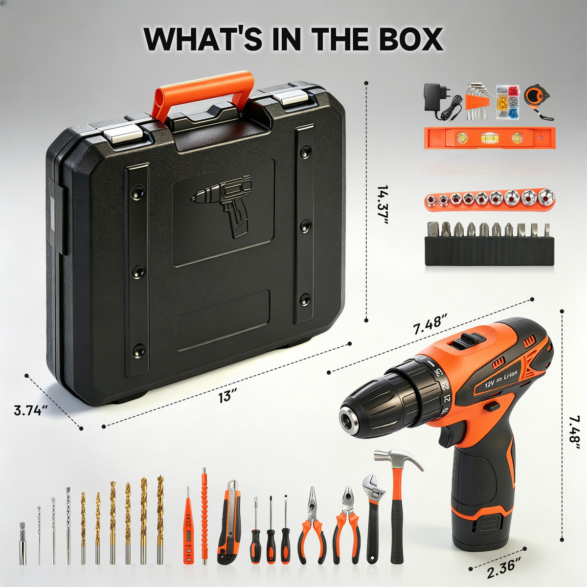 Power Tool Set, Cordless Drill Tool Box with 12V Battery Electric Drill Driver, 115Pcs Hand Tool Kit for Home Hand Repair Power Tools Sets Drills Case
