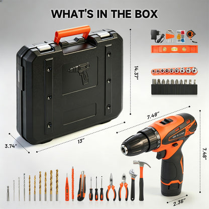 Power Tool Set, Cordless Drill Tool Box with 12V Battery Electric Drill Driver, 115Pcs Hand Tool Kit for Home Hand Repair Power Tools Sets Drills Case