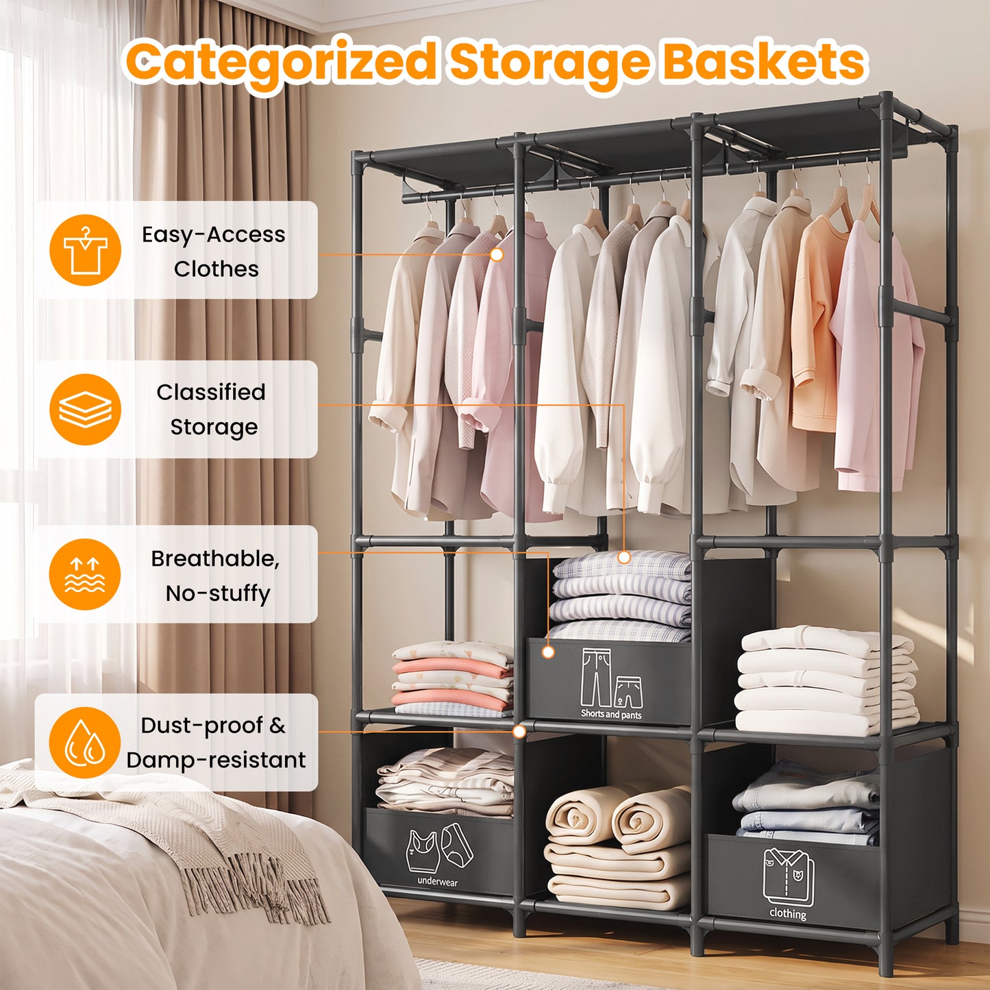 Portable Closet, Non-Woven Fabric Portable Closet Organizers and Storage, Clothes Storage with 3 Storage Drawers, Wardrobe Closet for Bedroom and Living Room, Black