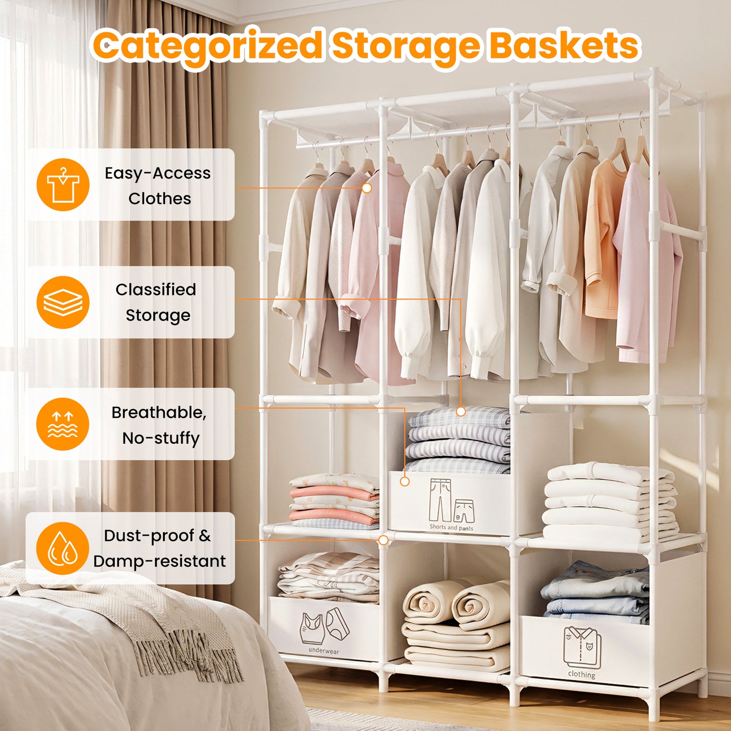 Portable Closet, Non-Woven Fabric Portable Closet Organizers and Storage, Clothes Storage with 3 Storage Drawers, Wardrobe Closet for Bedroom and Living Room, White