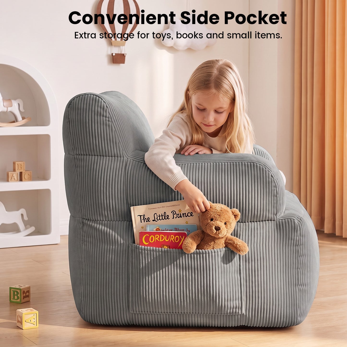 BAOKALER Kids Bean Bag Chair, Filled with Memory Foam, Toddler Kids Floor Lazy Sofa with Side Pocket, Lightweight Comfort Lounge Chair for Gaming, Reading, Relaxing, Gray
