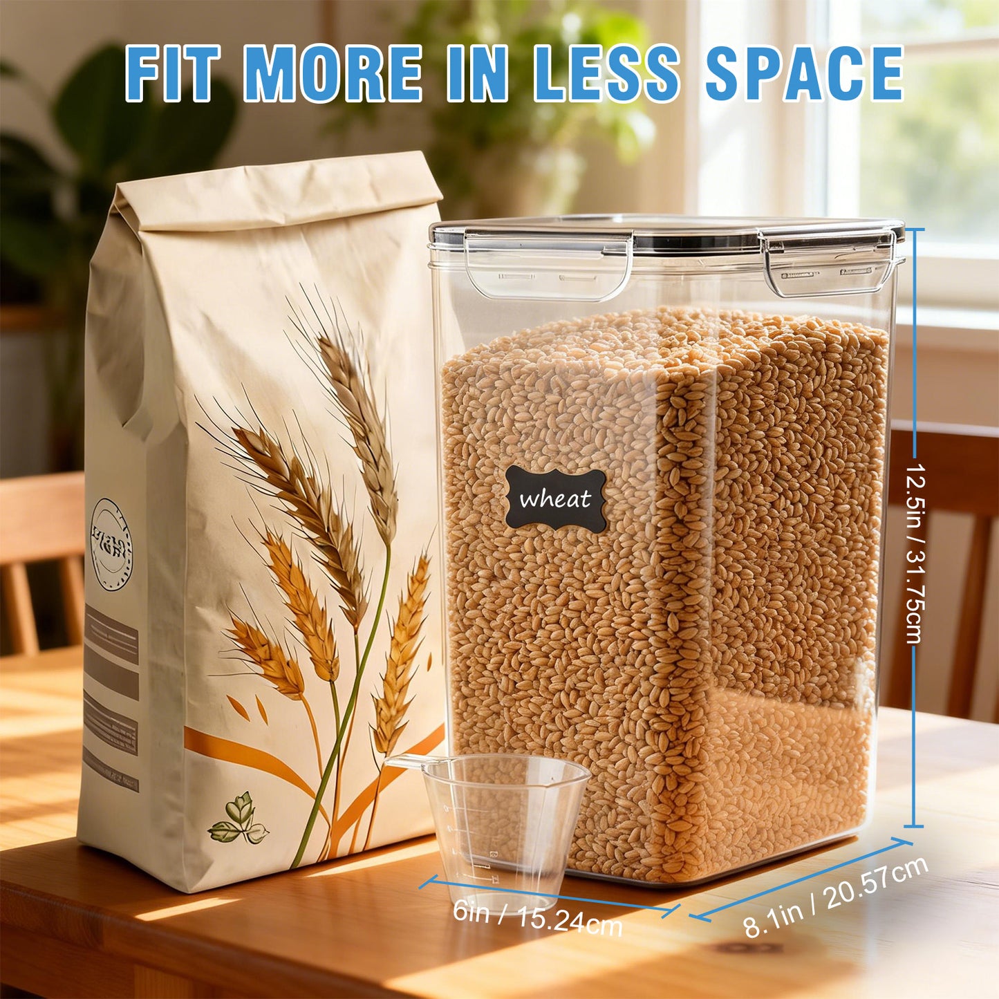 9.5L (6-Pack) Glass Grain Storage Containers with Airtight Lids, 6 Chalkboard Labels with 1 Marker，6 Measuring Cups, Transparent Pantry Organization for Cereals, Pasta, Flour & Dry Food