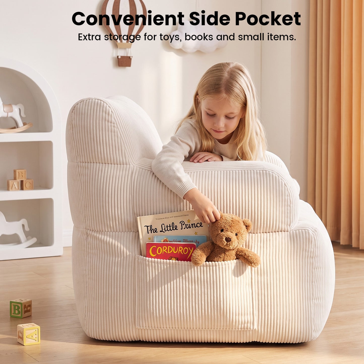 BAOKALER Kids Bean Bag Chair, Filled with Memory Foam, Toddler Kids Floor Lazy Sofa with Side Pocket, Lightweight Comfort Lounge Chair for Gaming, Reading, Relaxing, Beige