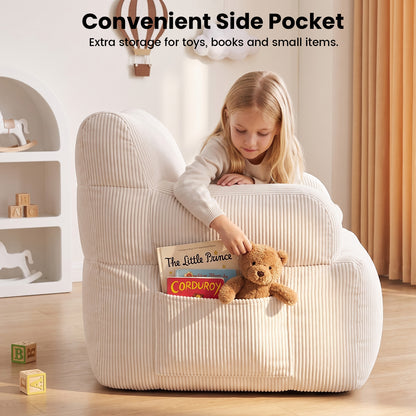BAOKALER Kids Bean Bag Chair, Filled with Memory Foam, Toddler Kids Floor Lazy Sofa with Side Pocket, Lightweight Comfort Lounge Chair for Gaming, Reading, Relaxing, Beige