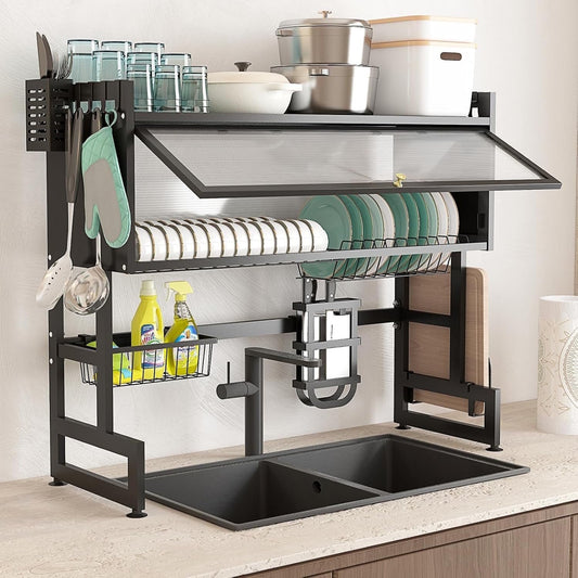 Dish Drying Rack Over The Sink - Large Capacity Stainless Steel Dish Drainer, Multifunctional Kitchen Organizer, Black, 29.53" L