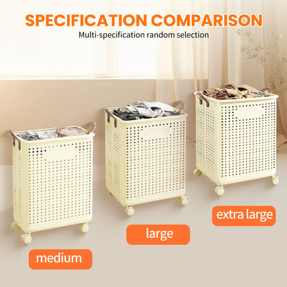 Collapsible Laundry Basket with Wheels and Handle, Plastic Foldable Laundry Hamper, Versatile Portable Storage Basket, Durable and Practical for Laundry and Bathroom