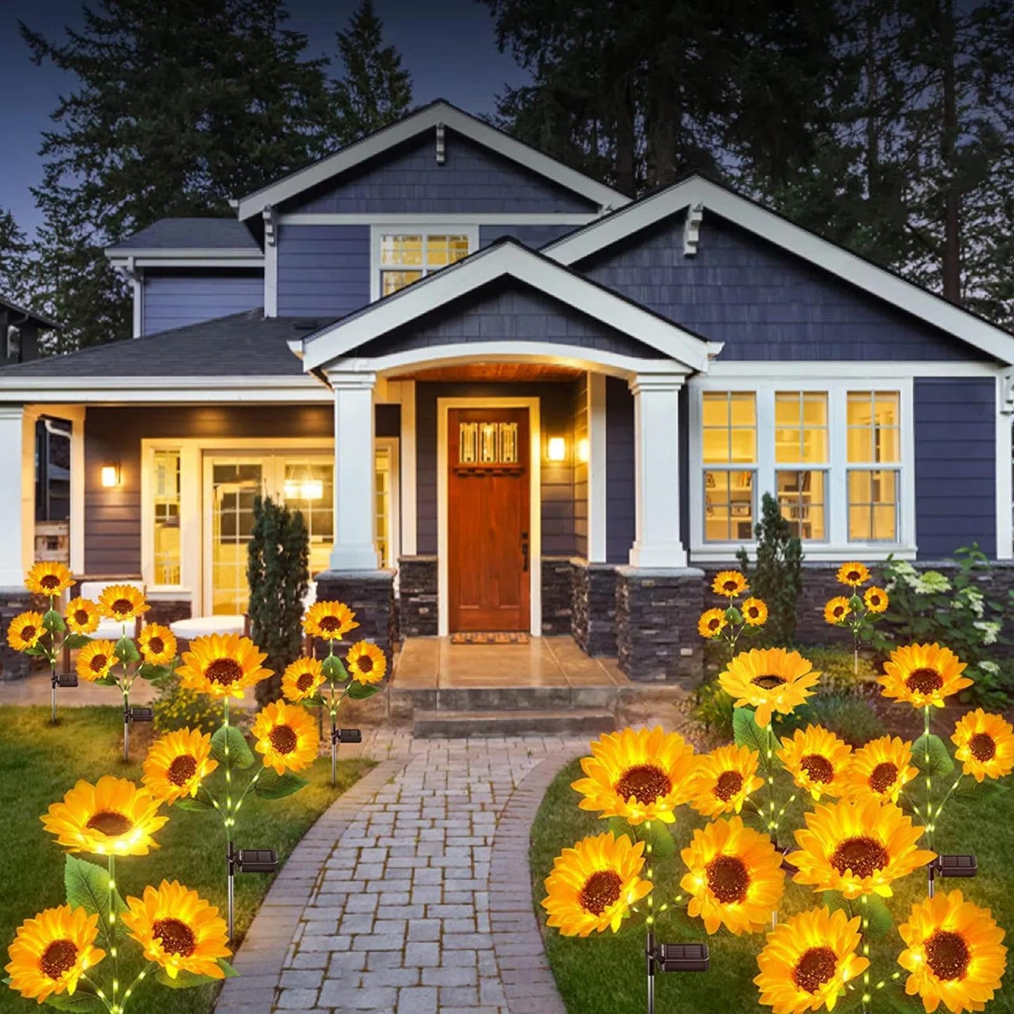 TopZoo 2PCS Solar Lights Outdoor, Three Head LED Sunflower Garden Lights, Waterproof, Auto On/Off Garden Decor Lights for Yard, Pathway, Patio, Porch