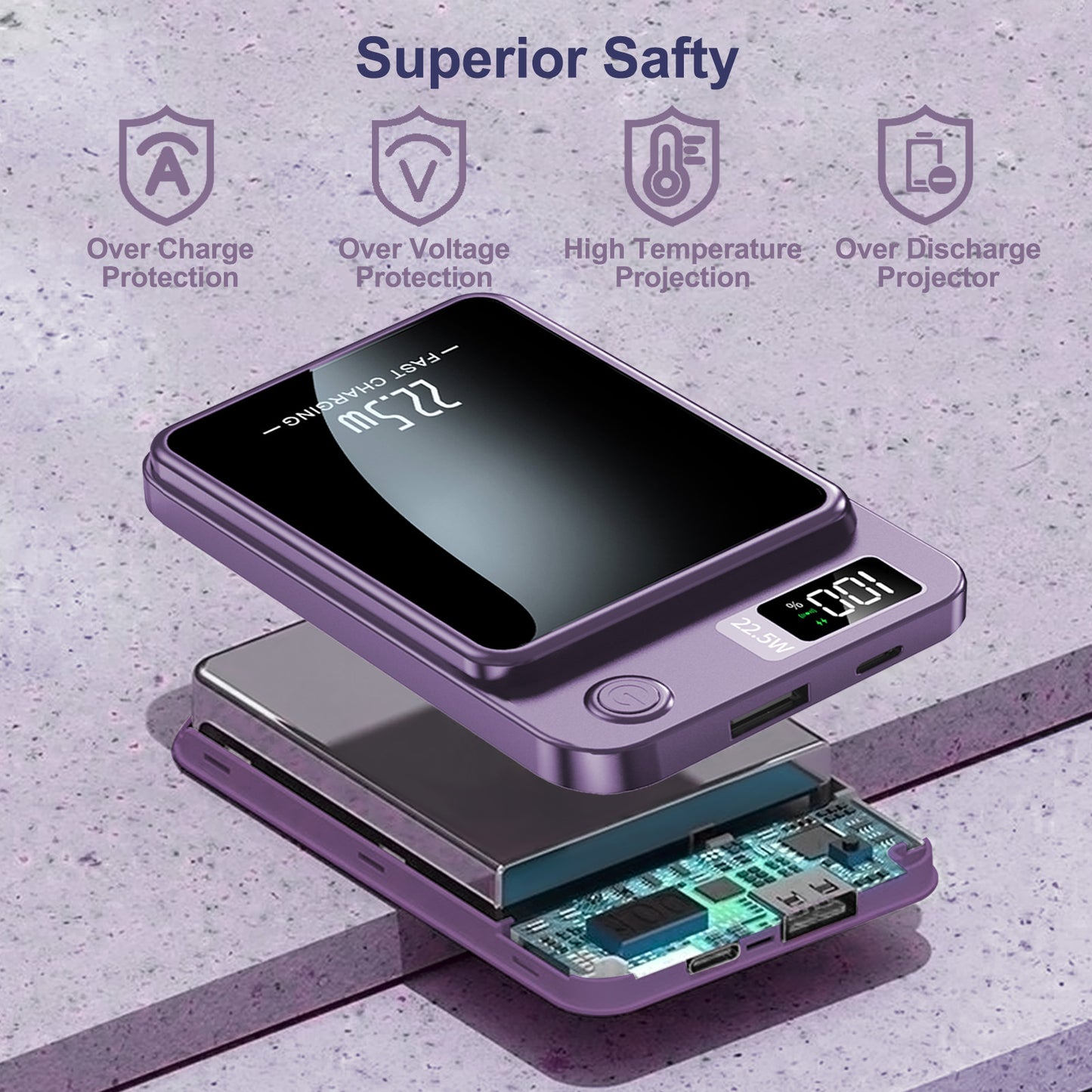 2 in 1 Portable Magnetic Wireless Power Bank, 10000mAh 22.5W Fast Charging, with LED Power Display, Suitable for Outdoor Emergency Backup Power Bank, Compatible with Multi Device, Purple