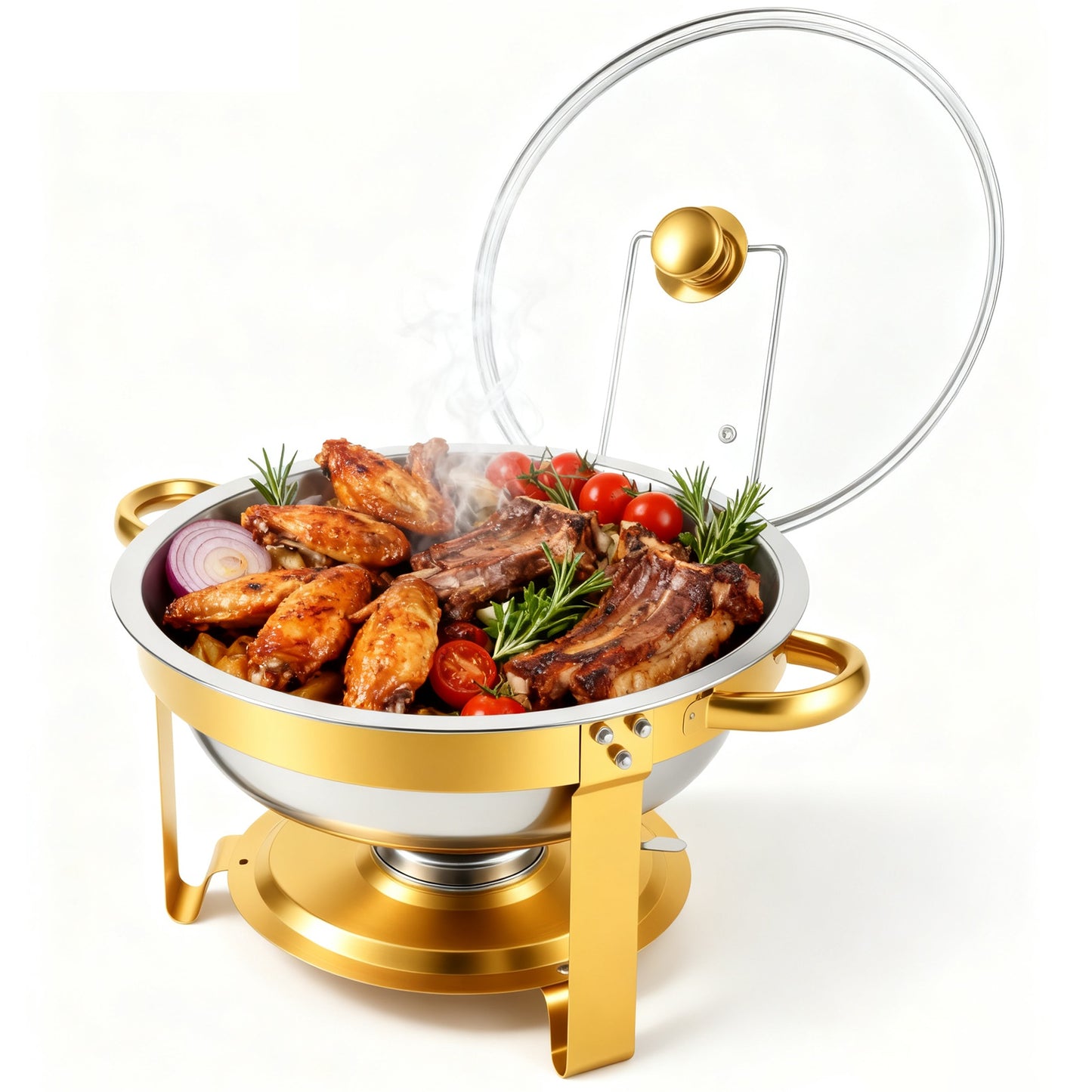 Chafing Dishes for Buffet, 1 Pack 5QT Round Semi-Gold-Plated Stainless Steel Buffet Server, Warmers with All-Gold Serving Tongs, Food Warmers for Parties Buffet, Events & Weddings
