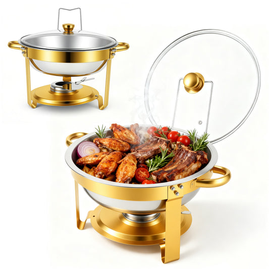 5QT Round Semi-Gold-Plated Stainless Steel Buffet Server, Premium Hot Pot Set for Parties, Buffets, Weddings, Birthdays, 2 Pack