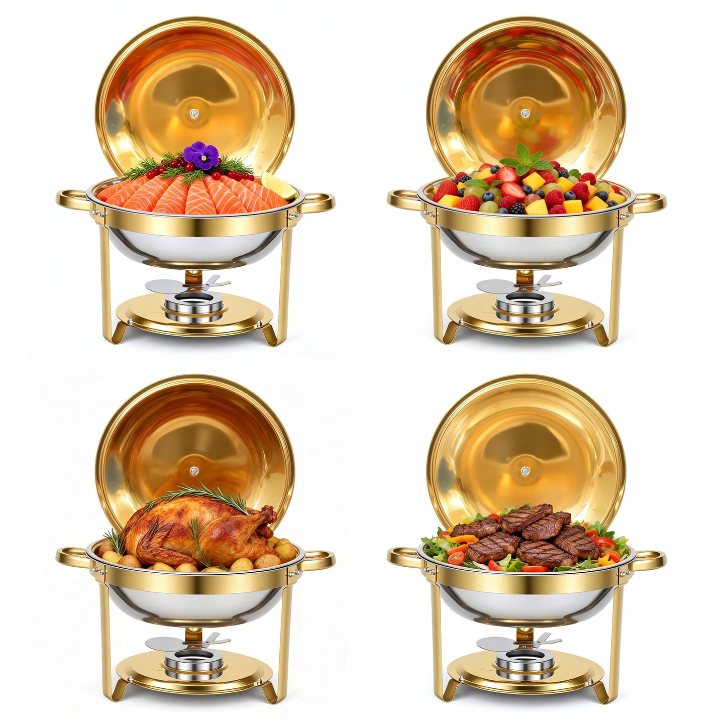 Round Half-Gold Plated Stainless Steel Chafing Dish with Stainless Steel Lid, Buffet Warmer Set, 4-Pack, for Home Gatherings, Christmas Parties, Catering Events
