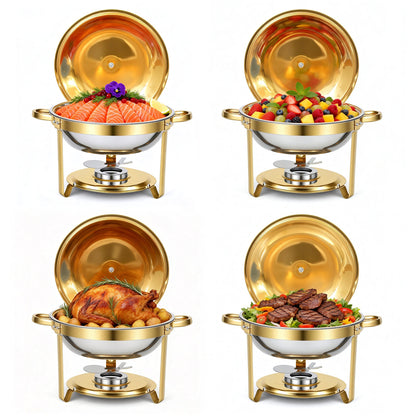 Round Half-Gold Plated Stainless Steel Chafing Dish with Stainless Steel Lid, Buffet Warmer Set, 4-Pack, for Home Gatherings, Christmas Parties, Catering Events