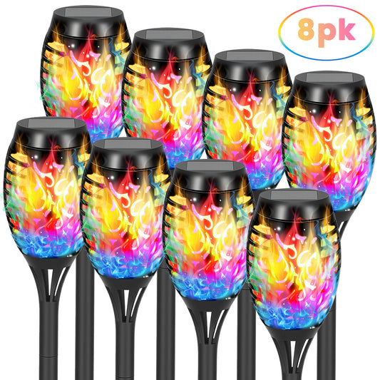 Flickering Flame Solar Lights Outdoor Decorative, 8 Pack Solar Garden Stake Lights Color Changing, Solar Torch Lights Outside for Yard, Patio, Garden, Pathway