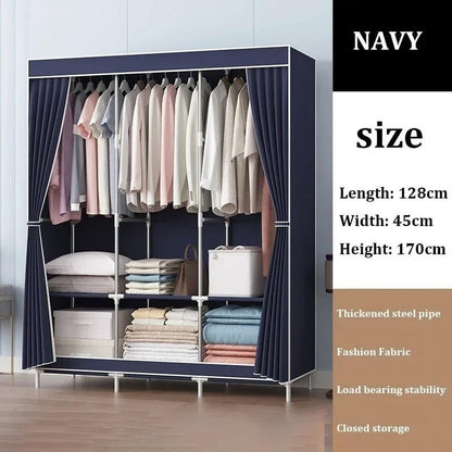 Portable Closet Organizer with Cover, Non-woven Fabric Clothing Rack Shelf, Dustproof Wardrobe Closet Storage, Navy Blue