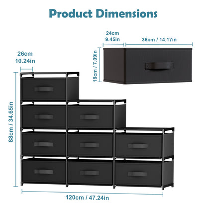 BAOKALER Non-Woven Fabric Multi-Functional Storage Cabinet, 9-Drawer Open Storage Shelf, 10.24×47.24×34.65 Inches, for Bedroom, Living Room, Hallway, Black