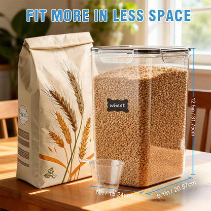 9.5L (4-Pack) Airtight Food Storage Containers Set with Chalkboard Labels, 1 Marker & 4 Measuring Cups - Clear Grain Jars, BPA-Free, Stackable (Brown Box)