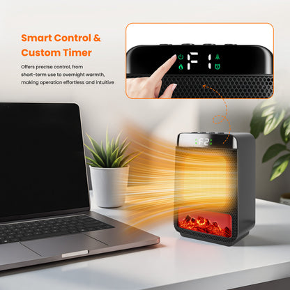 Indoor 1500W 3D Dynamic Flame Tabletop Heater with Safety Protection & Timer, Low-Noise Ceramic Heater Fan for Bedroom, Office, and Indoor Use