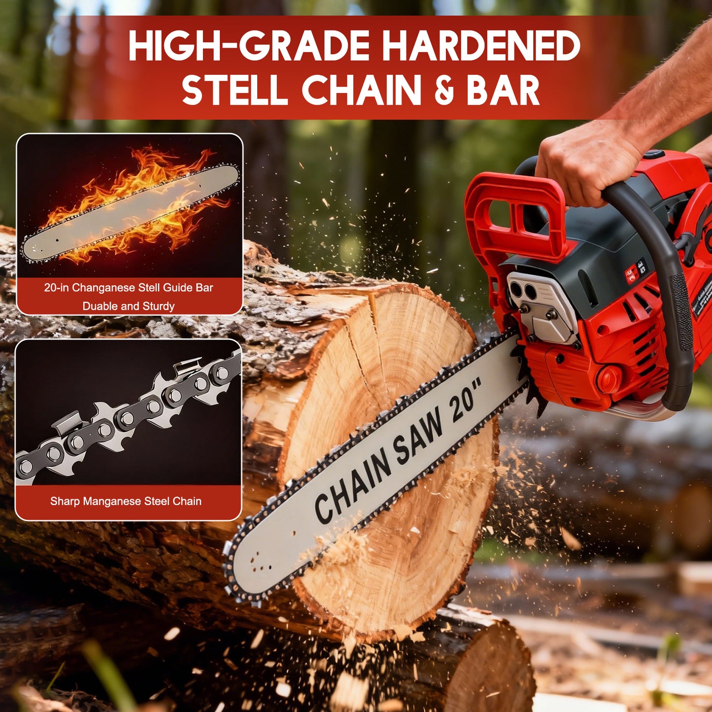 BAOKALER 20-Inch Gas Chainsaw, 10700 RPM 2-Cycle 62CC Heavy Duty Gas Chainsaw, 3.4HP Powerful Chainsaws, for Farm/Garden/Ranch/Wood Cutting