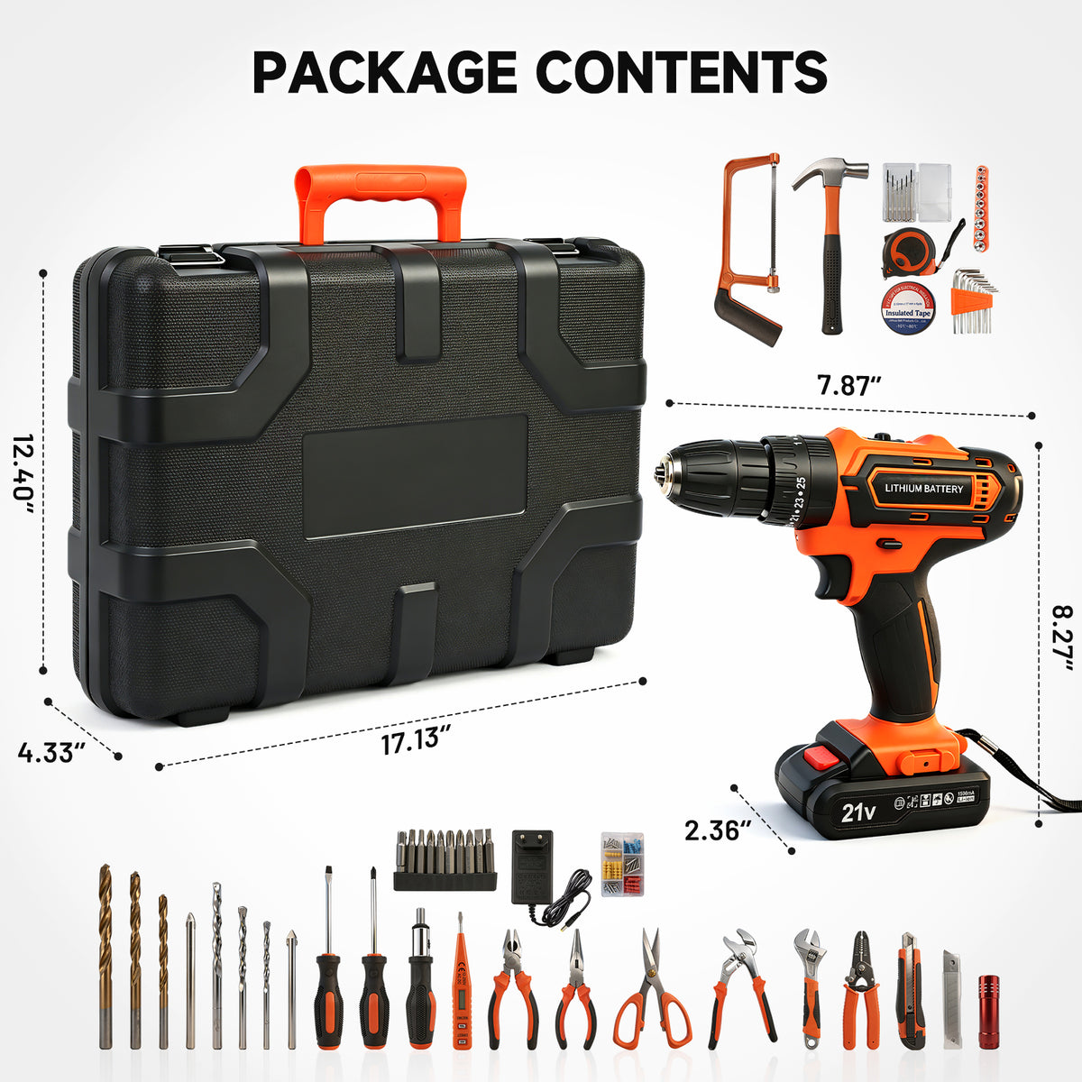 Power Tool Set with 20V Cordless Drill Driver, 113Pcs Household Tool Set, Power Drill Set with Plastic Toolbox, Ideal for Office, Garden, DIY Project