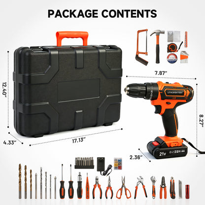 Power Tool Set with 20V Cordless Drill Driver, 113Pcs Household Tool Set, Power Drill Set with Plastic Toolbox, Ideal for Office, Garden, DIY Project